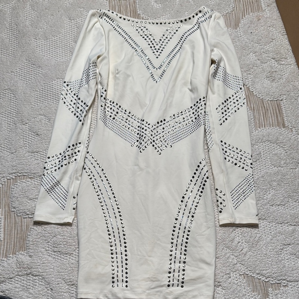 Bebe White Asymmetrical Bodycon Dress with Embellishments
